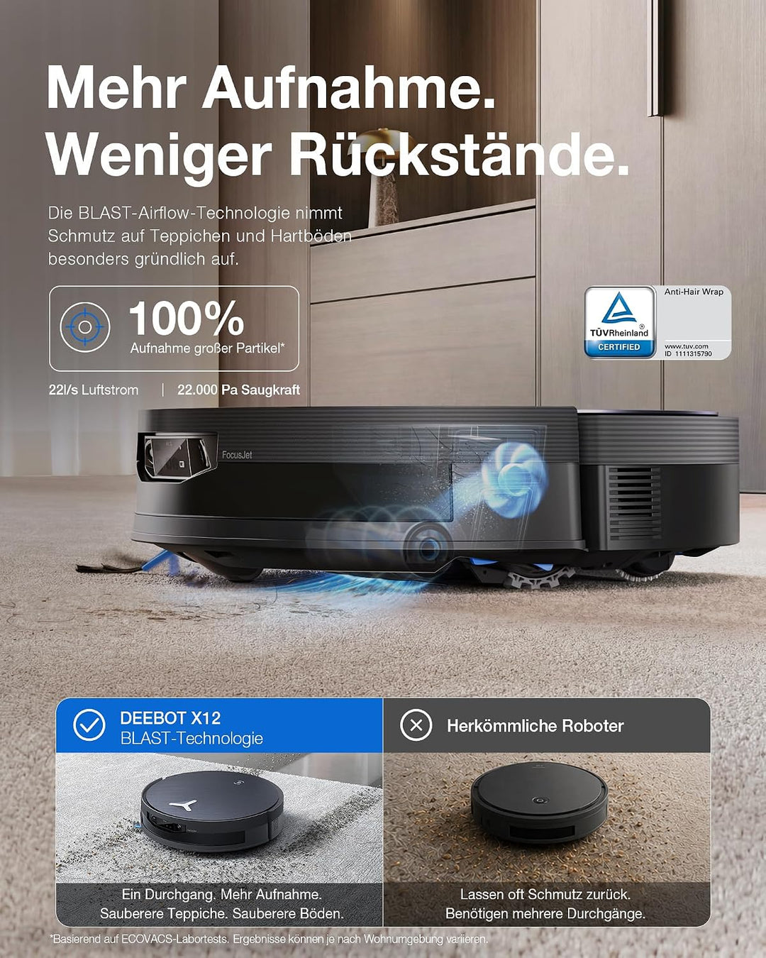 ECOVACS X12 OMNICYCLONE Care Complete Saugroboter mit Wischfunktion, Blast & 22.000 Pa, FocusJet zur