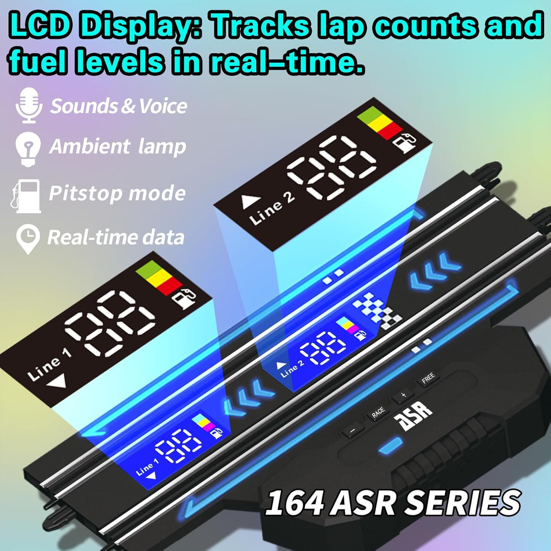 Slot Car Racing Set mit LED-Rundenanzeige, Hochgeschwindigkeit, Tankstopp, Sprachfeedback, 4 lizenzi
