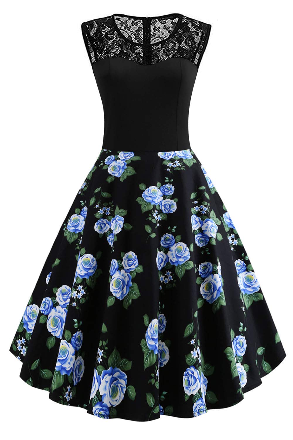 AXOE Damen 50er Jahre Rockabilly Kleid mit Blumenmuster Ärmellos M Farbe12, M Farbe12