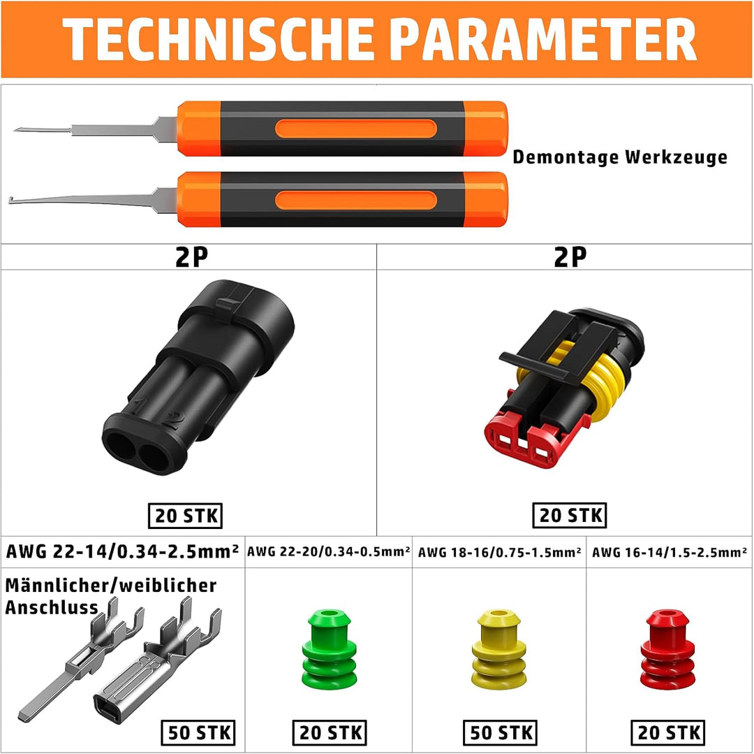 PEBA Crimpzange Wasserdicht Kfz Stecker Set, Crimpzange 0.34-2.5mm² mit 2-Polig Steckverbinder für A