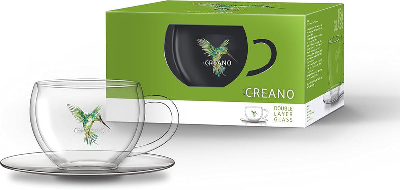 Creano 2er-Set Thermo-Tasses Hummi für Tee/Latte Macchiato, doppelwandig, mit Kolibri-Muster | 250ml