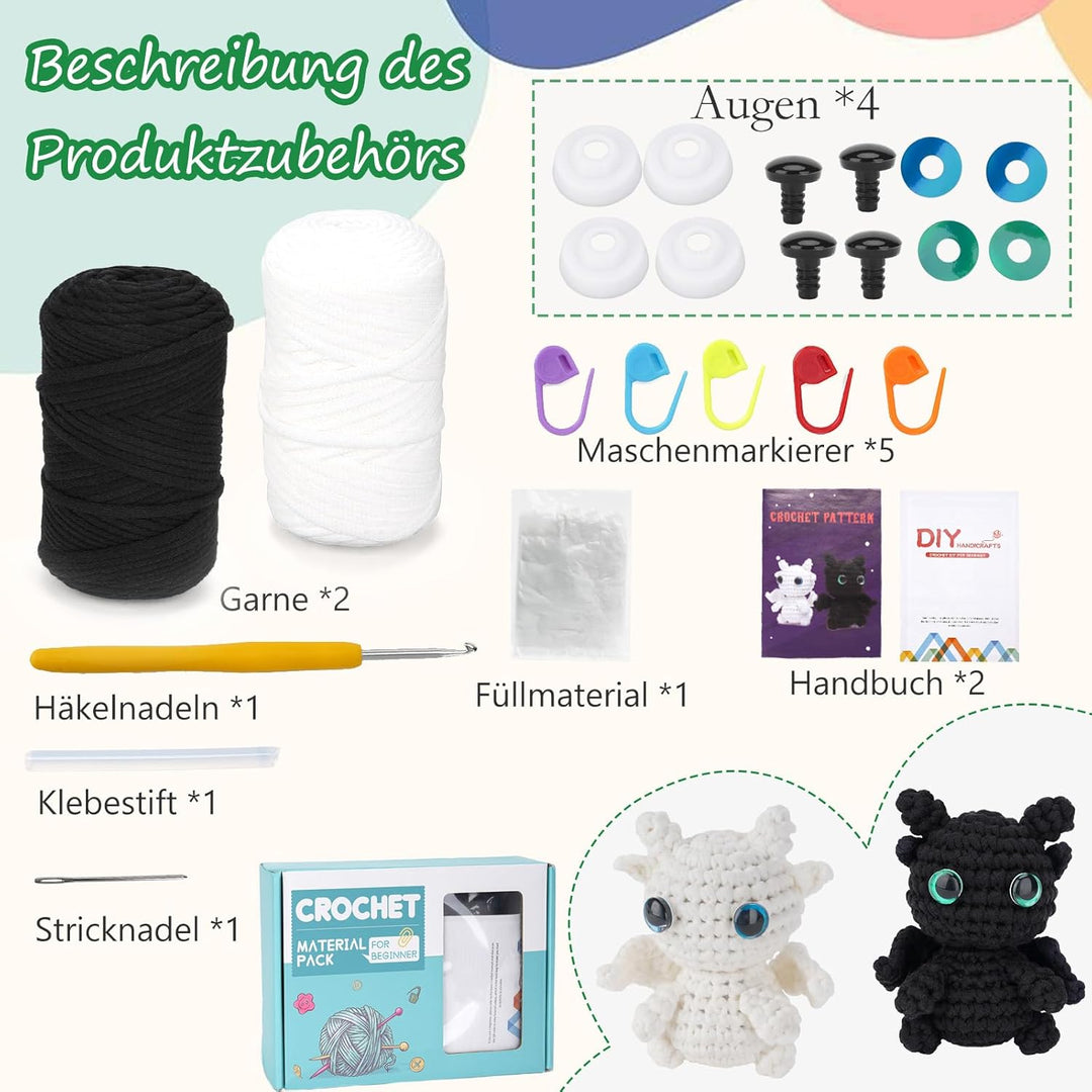 puiaxod Häkelset für Anfänger, Erwachsene Kinder Häkelnadel Set für Anfänger, 2 Stück Schwarz-Weisse