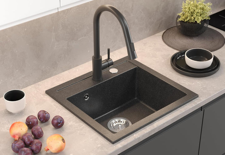 VBChome Spülbecken mit Armatur 50 x 47 cm Schwarz Granit Spüle Einzelbecken Küche Einbauspüle Verbun