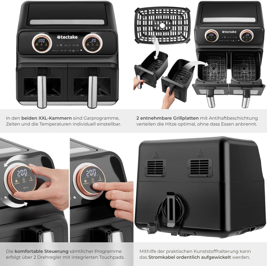 tectake® Heissluftfritteuse 2 Kammern, XXL Doppelkammer Airfryer mit 7 Programmen, 8L Dual Fritteuse