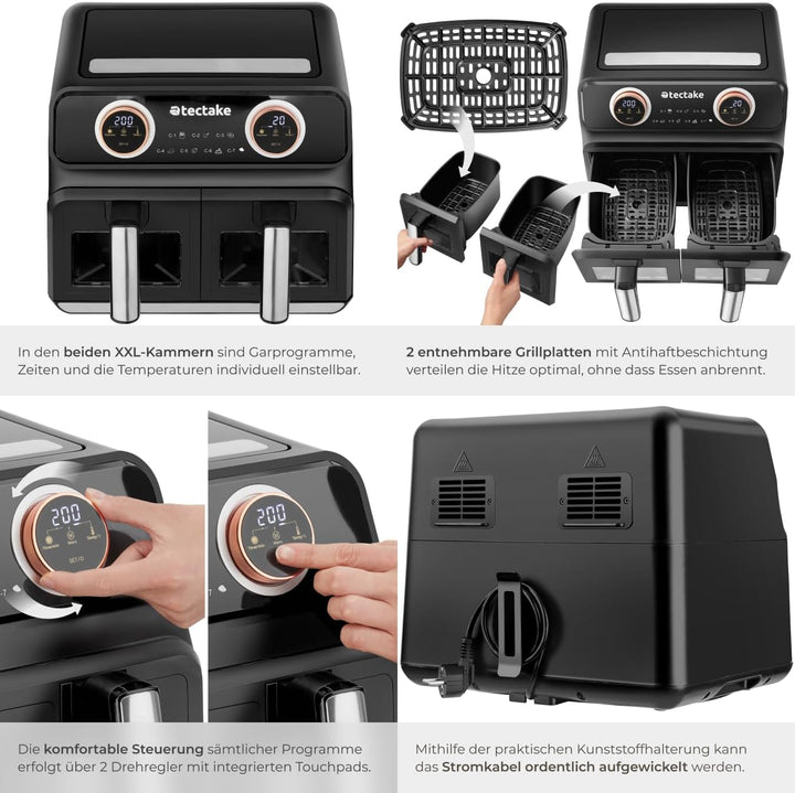 tectake® Heissluftfritteuse 2 Kammern, XXL Doppelkammer Airfryer mit 7 Programmen, 8L Dual Fritteuse