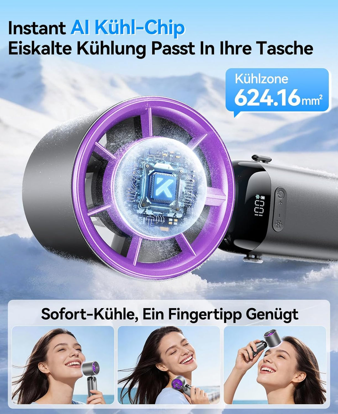 KIMMOO Handventilator mit Eiskühlung, 21000 U/min, 199 Stufen, bis zu 14h Akku, Wiederaufladbar, 3-i