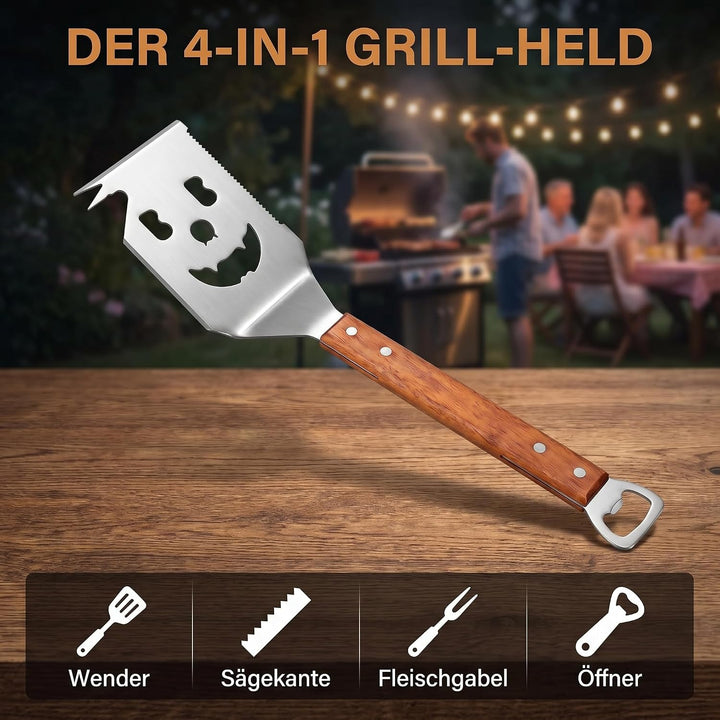 7 in 1 Grillspachtel für Barbecue Grill, Grill Zubehör, Multifunktionales Grillwerkzeug mit Holzgrif