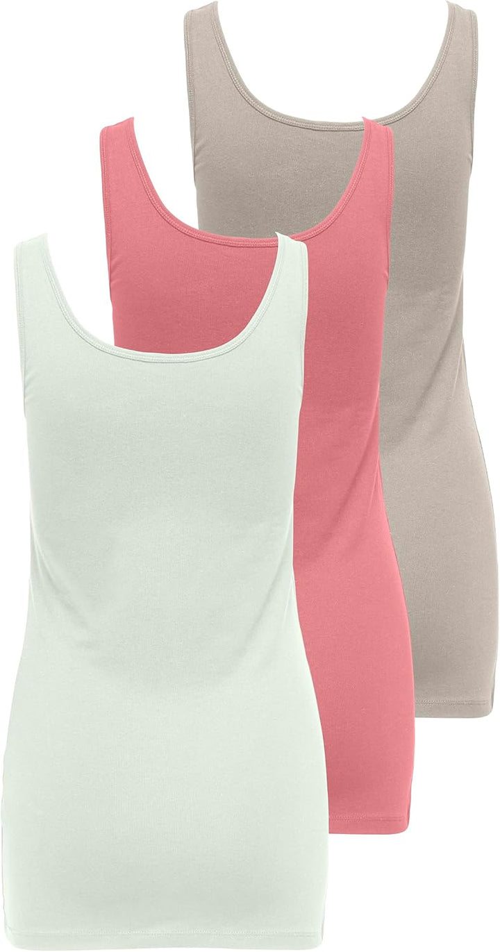 ONLY Damen Onllive Love Long Tank Noos Top S 3er Pack (Lightest Sky, Brandied Apricot, Chateau Grey)