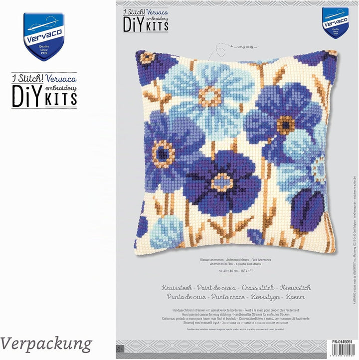 Vervaco VER Kreuzstichkissen Anemonen in Blau, Baumwolle, Mehrfarbig, 40 x 40 x 0.3 cm