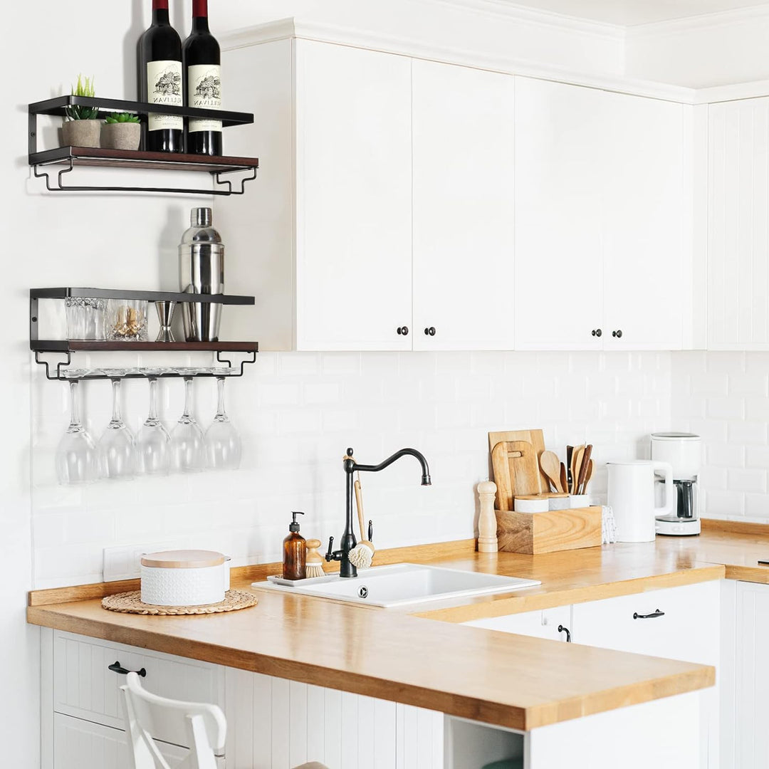 B4Life Wandmontierte Weinregal mit Glashalter, 2er Set Weinglasregal Holz, Vintage Flaschenregal aus