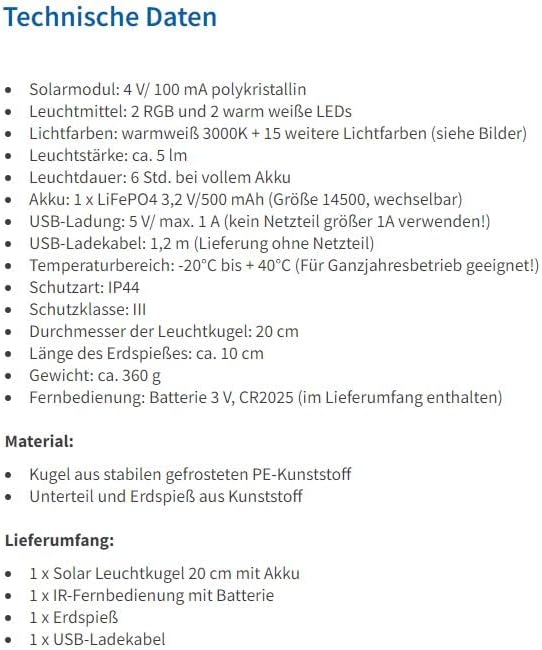 Esotec Solarkugel für den Garten Siena 20, multicolor, 20cm, Fernbedienung, USB, 16 Leuchtfarben, Ak