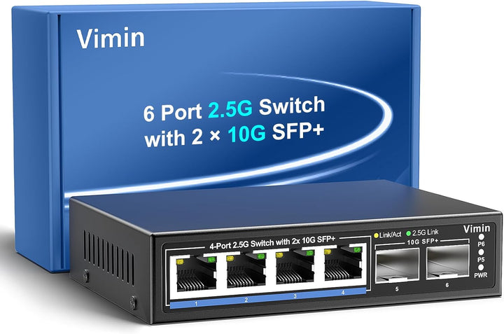 6 Port 2.5G Unmanaged Network Switch, VIMIN 4X 2.5Gbase-T Ports, 2X 10G SFP+ Port, 60Gbps Switching-