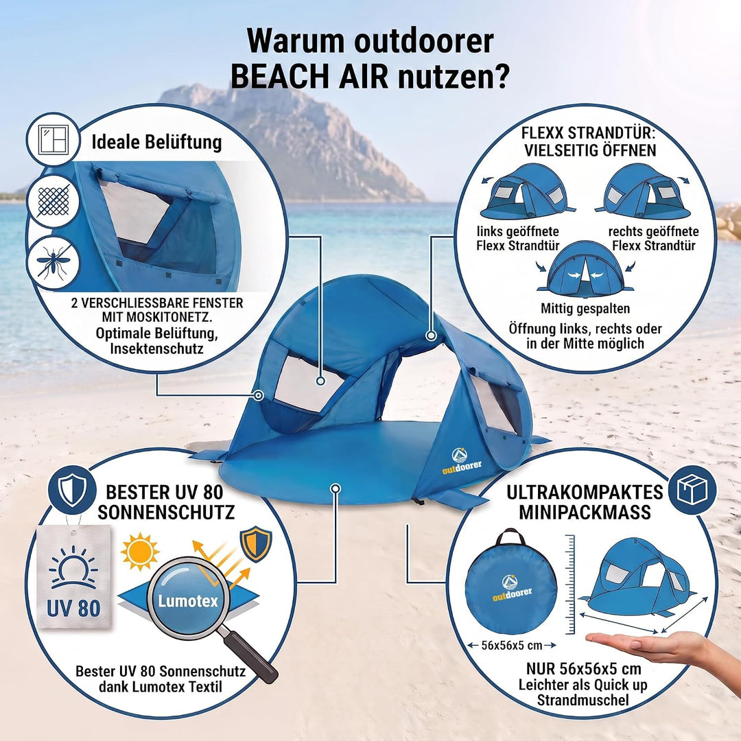 outdoorer UV 80 Pop up Strandmuschel Beach Air, 245x145x100 cm, bestens belüftet, 2 Fenster, 1 versc
