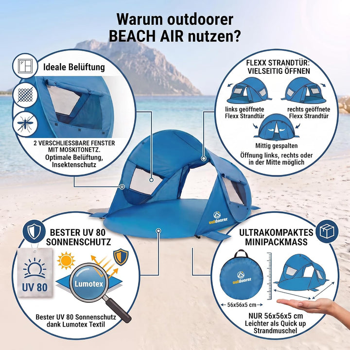 outdoorer UV 80 Pop up Strandmuschel Beach Air, 245x145x100 cm, bestens belüftet, 2 Fenster, 1 versc