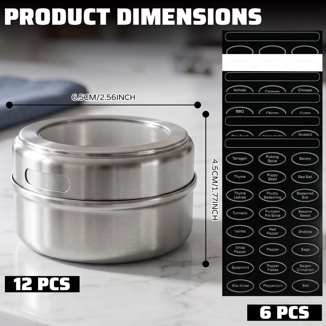 12 Stück Gewürzgläser mit Gewürzaufklebern Edelstahl Gewürzdosen Magnetische Gewürzgläser Praktisch