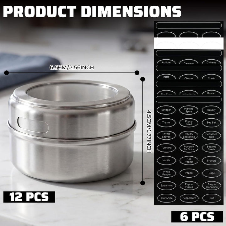 12 Stück Gewürzgläser mit Gewürzaufklebern Edelstahl Gewürzdosen Magnetische Gewürzgläser Praktisch