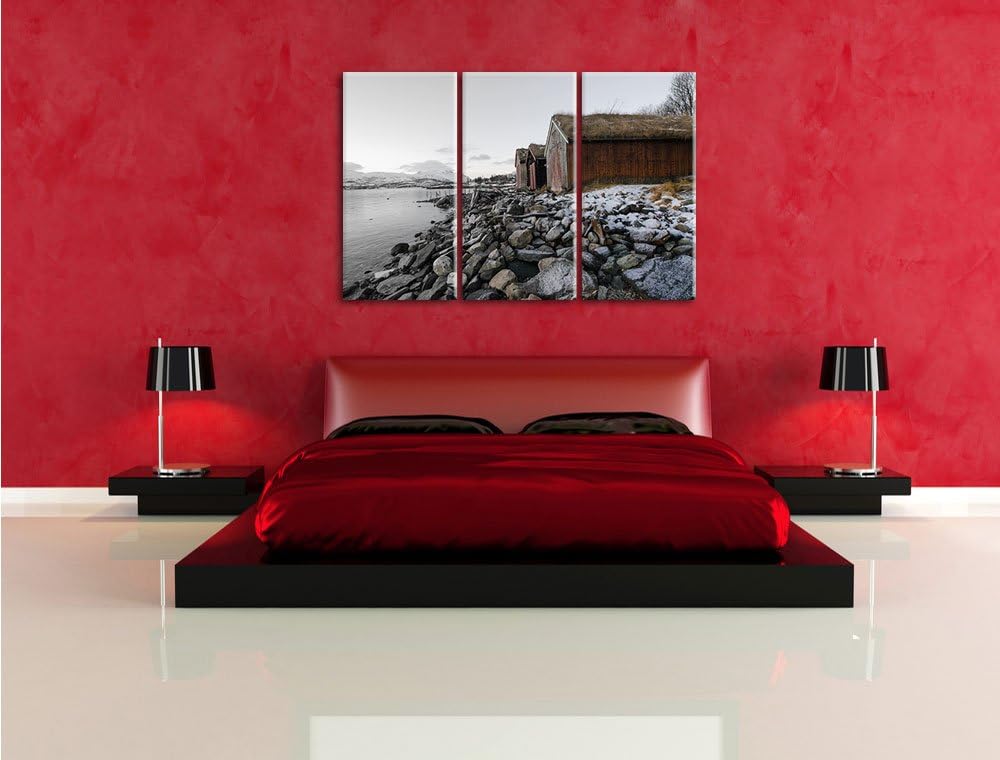 Pixxprint Küste der norwegischen See Tromso / 3-Teilig/Gesamtmass 120cm Leinwandbild bespannt auf Ho