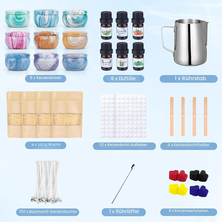 Kerzen Selber Machen Set, Kerzenherstellung Kit, Duftkerze Geschenke Set mit 480g Bienenwachs,9 Kerz