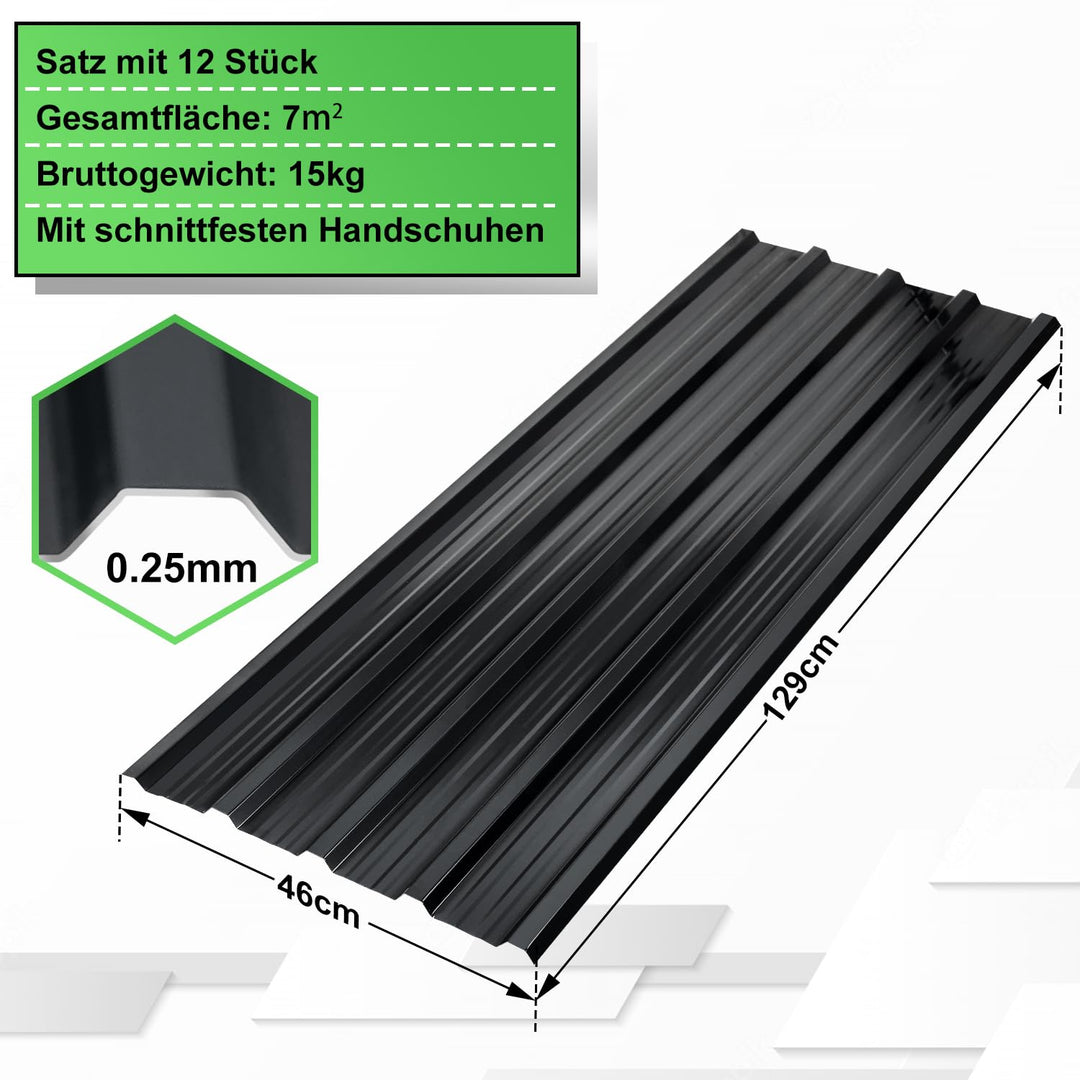 12x Trapezblech Profilblech Wellblechplatten für Dach 129cm x 46cm / 7 m² Montagehandschuhe Trapezbl