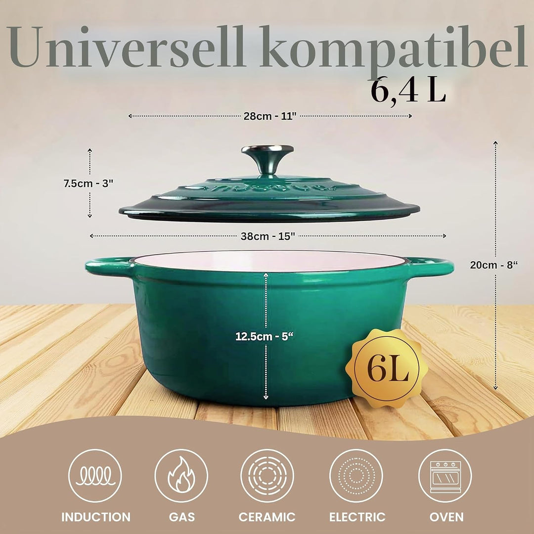 Gusseisen-Ofentopf mit Deckel – Emaille-Kochtopf mit Antihaft, Ofenfest – Dunkelgrün, 6.1 Liter, 28