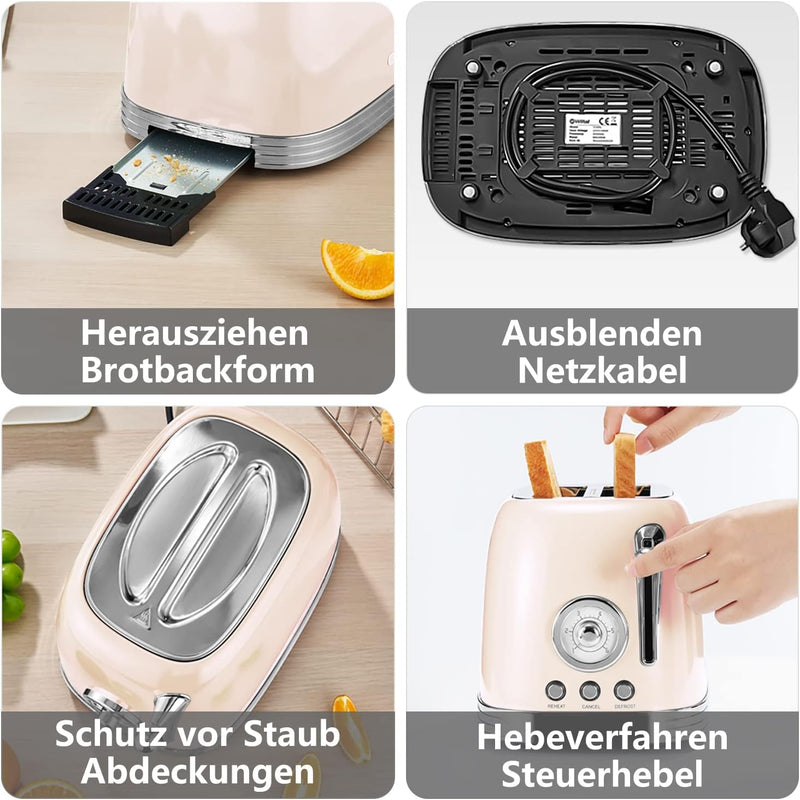Wiltal Toaster 2 Scheiben, Retro, mit Brötchenaufsatz, mit Deckel aus Edelstahl, Vorheiz-, Auftau- u