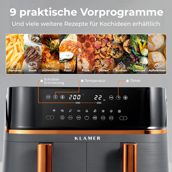 KLAMER Heissluftfritteuse Duo 9 L – Doppelkammer Airfryer mit 2 Körben & Digitaldisplay, 10 Automati