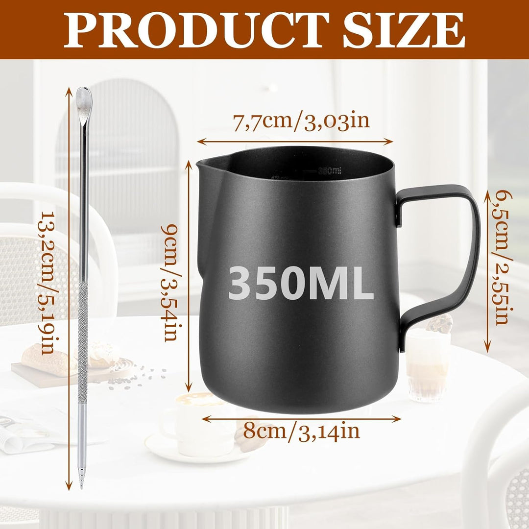 MIVIDE 2 Stück 350ml Milchkännchen Edelstahl Kit, Milchkanne Schwarz mit Messung Mark und Latte Art