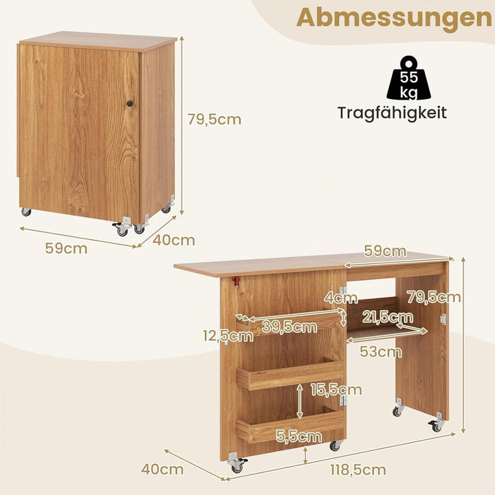LIFEZEAL Nähmaschinenschrank klappbar, Nähschrank 2 in 1, Schreibtisch Holz mit Haken, Ablage &amp; Roll