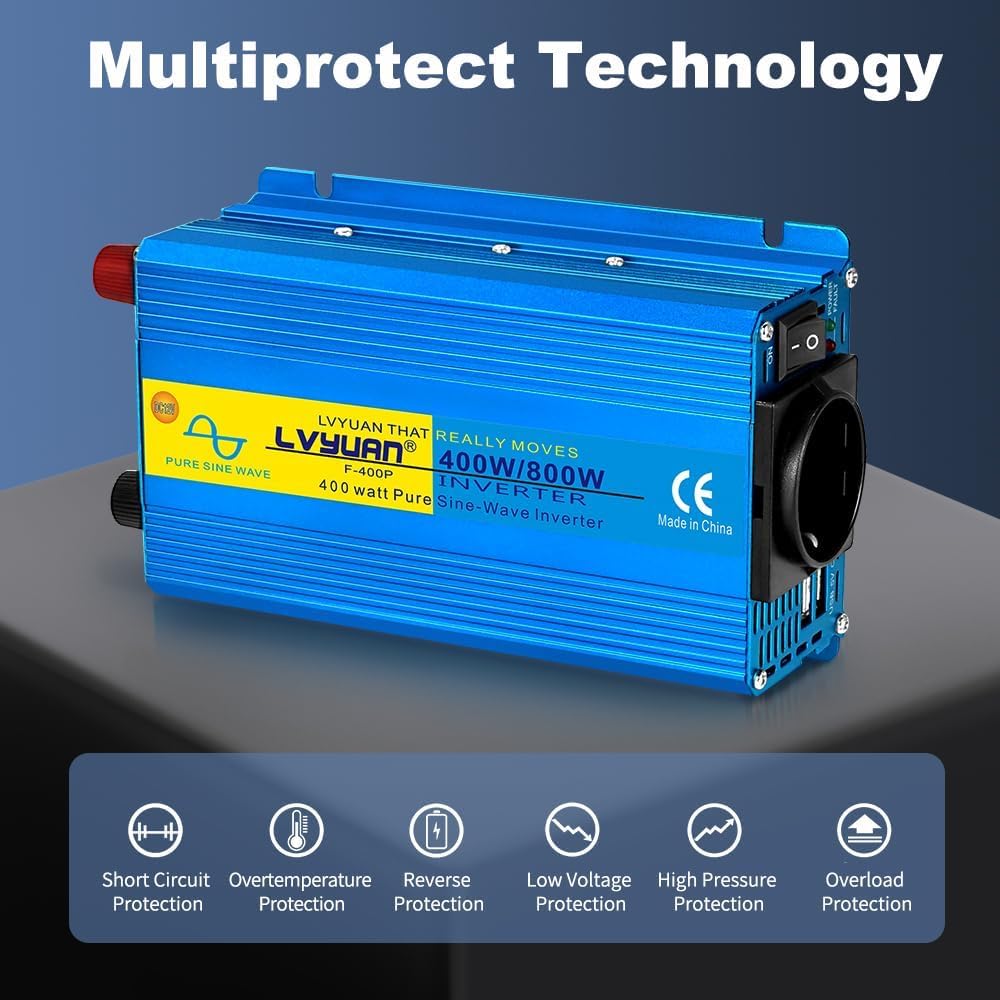 LVYUAN 400W/800W Reiner Sinus-Wechselrichter DC 12V auf 230V AC Spannungswandler mit 1 EU AC Steckdo