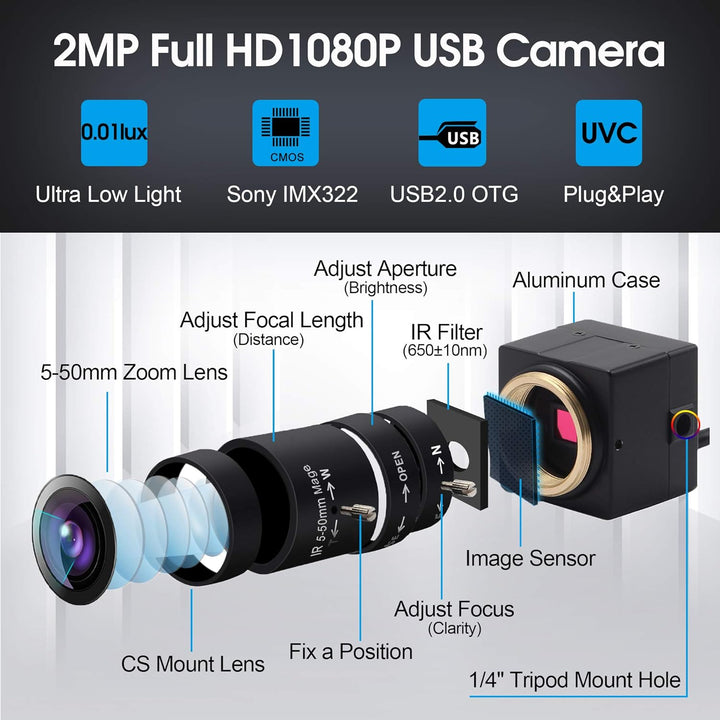 Svpro Mini USB Webcam 1080P FHD 0.01lux Low Illumination Kamera mit 5-50mm Optischem Zoomobjektiv US