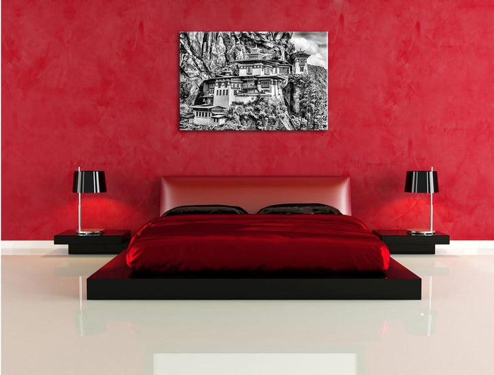 Pixxprint Chinesische Festung im Berg / 100x70cm Leinwandbild bespannt auf Holzrahmen/Wandbild Kunst