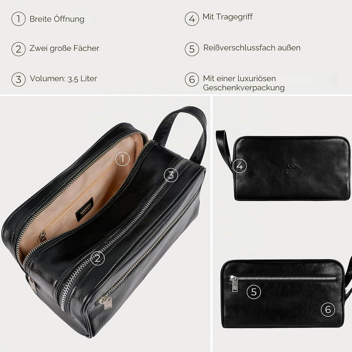Kulturbeutel Leder Herren - Kosmetikbeutel - Waschtasche für Männer - 100% Echtleder - Hochwertige K