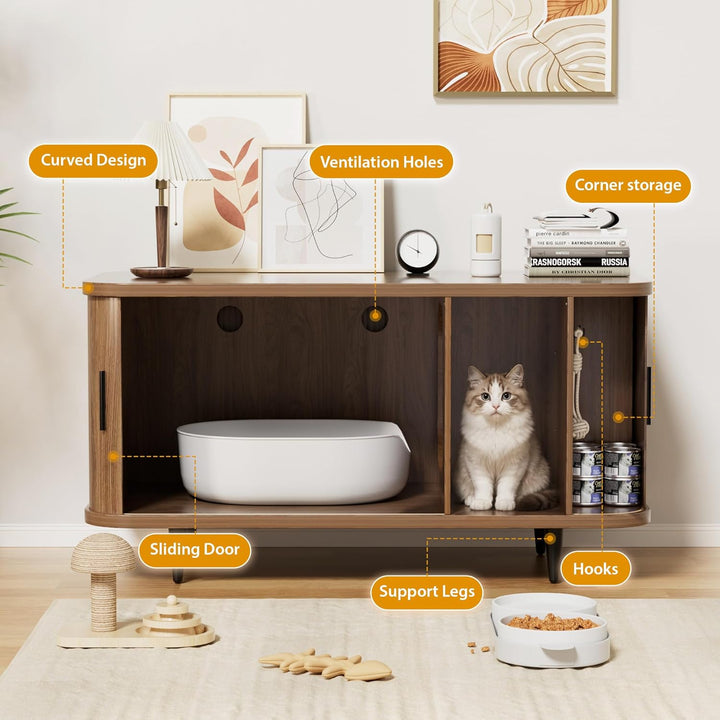 BACEKOLL Katzenklo Schrank mit Rollo-Tür Design, Mid-Century Katzenschrank Holz für grosse Katzen, V