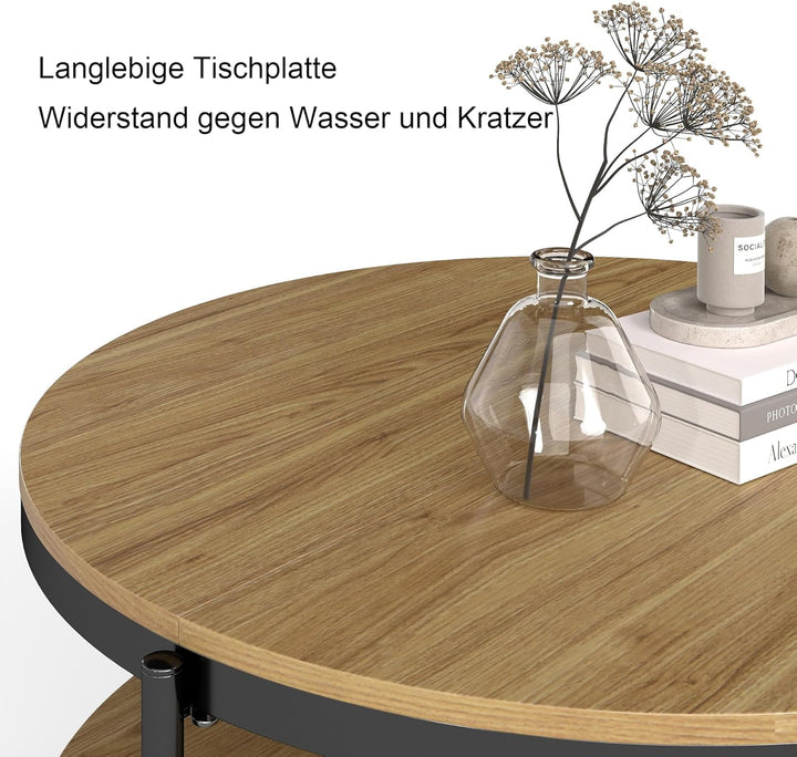 Manora Couchtisch Rund Holz, Runder wohnzimmertisch Klein 80 cm,Sofatisch mit stauraum 2 Ebenen, Eic