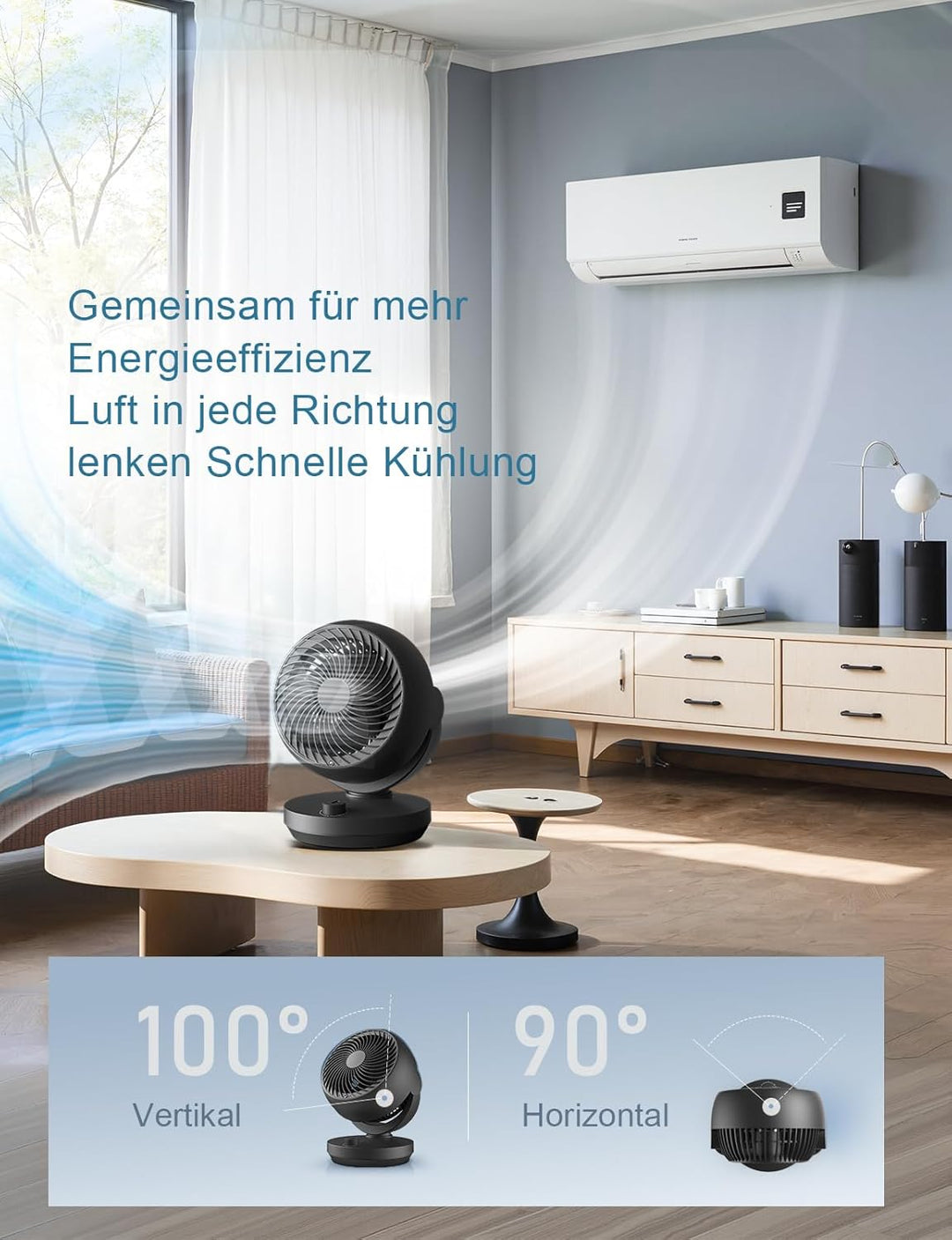 Ventilator Leise, 22dB Tischventilator mit Luftzirkulation, 3D Turbo Air Circulator, 3 Stufen & 100°