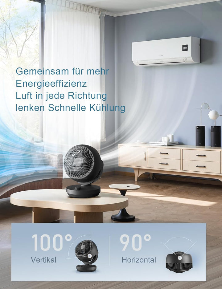 Ventilator Leise, 22dB Tischventilator mit Luftzirkulation, 3D Turbo Air Circulator, 3 Stufen & 100°