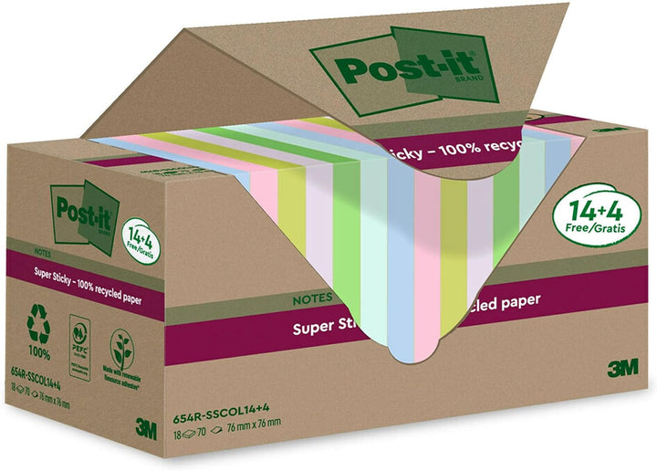 Post-it Super Sticky 100 % Recycling Notes, 14+4 GRATIS-Blöcke/Packung, 70 Blätter pro Block, 76 mm