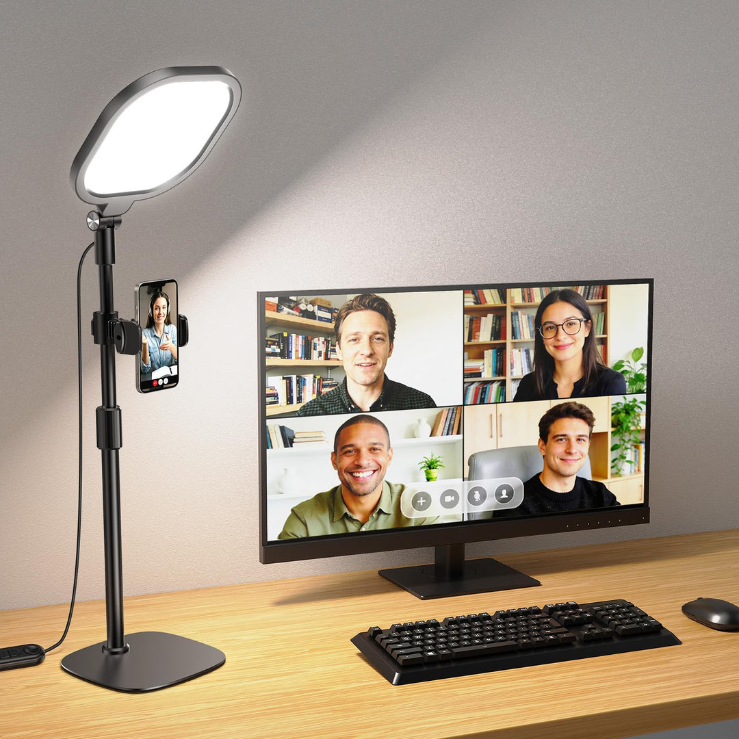 Ringlicht mit Stativ, Ring Licht für Laptop mit Handy Stativ 3 Lichtfarben 10 Helligkeiten Tisch Sel