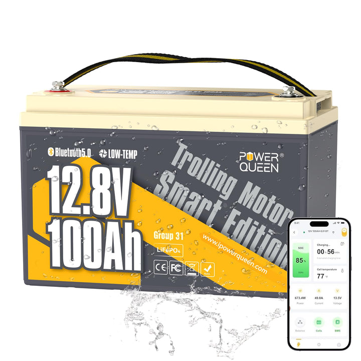 Power Queen 12V 100Ah TM Bluetooth LiFePO4 Batterie, Tieftemperaturabschaltung, Max. 15000 Zyklens,