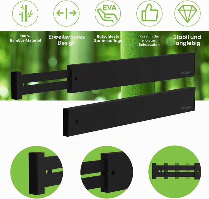 ANTOWIN Schubladentrenner Verstellbar Bambus (43-56 cm), Schubladen Organizer, Gefedert, Küche, Komm