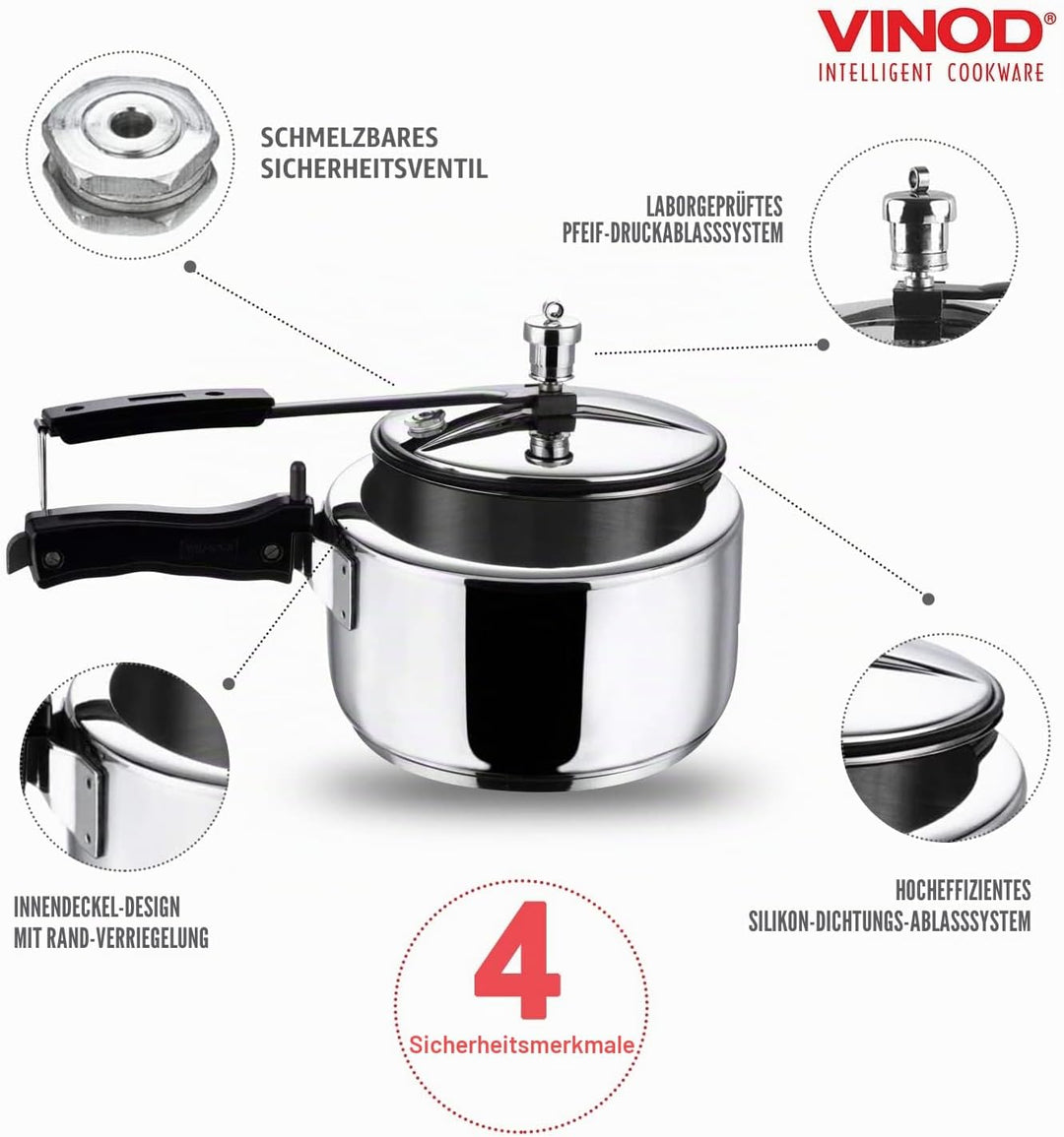 Vinod Pressure Cooker 3 Liter Edelstahl Schnellkochtopf, induktionsgeeignet hochwertiger Dampftopf z