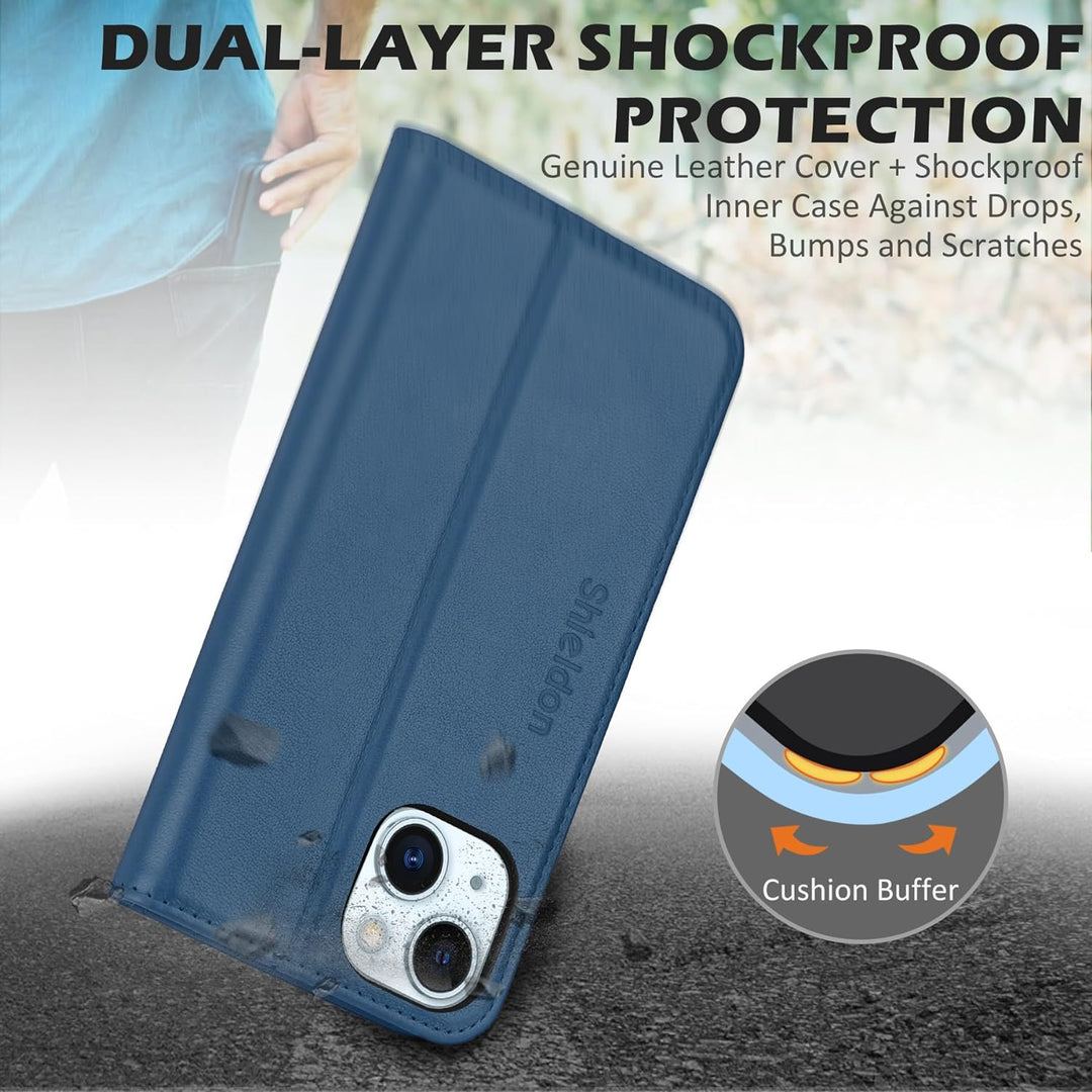 SHIELDON Hülle für iPhone 15, Schutzhülle [Rindsleder] [Stossfest] [Standfunktion] [Kartenfach] TPU