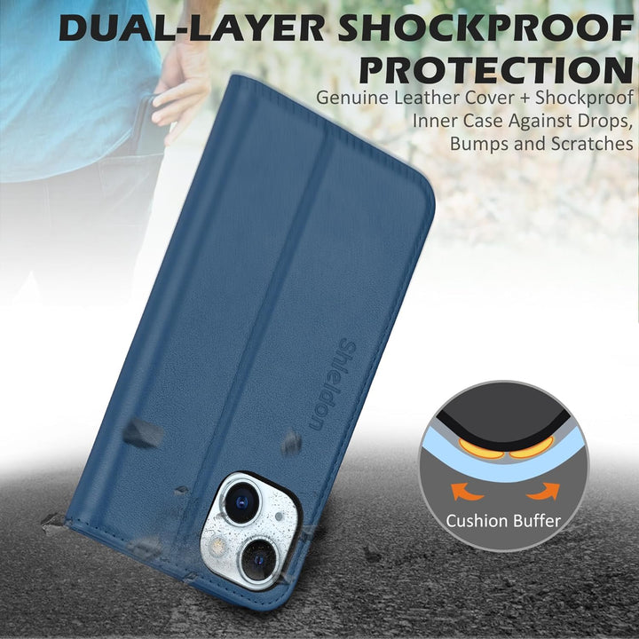 SHIELDON Hülle für iPhone 15, Schutzhülle [Rindsleder] [Stossfest] [Standfunktion] [Kartenfach] TPU
