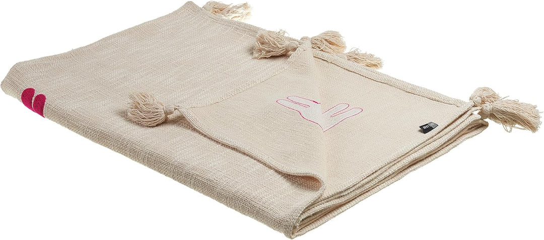 Deko Decke Baumwolle beige/rosa mit Lama-Motiv Quasten 130x180 cm Nandyal