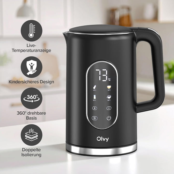 Olvy Elektrischer Wasserkocher 1,7L – Schnellkochender Wasserkocher mit Temperaturregelung, Warmhalt