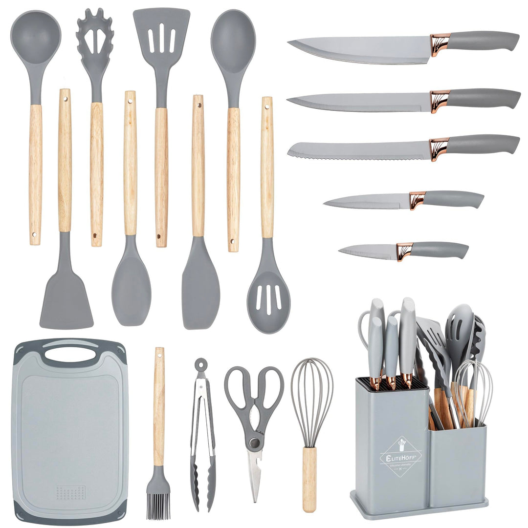 EliteHoff Küchenmesser-Set 19-teilig – Silikon-Küchenutensilien-Set mit Holzgriffen, 5 Messer, 12 Ko