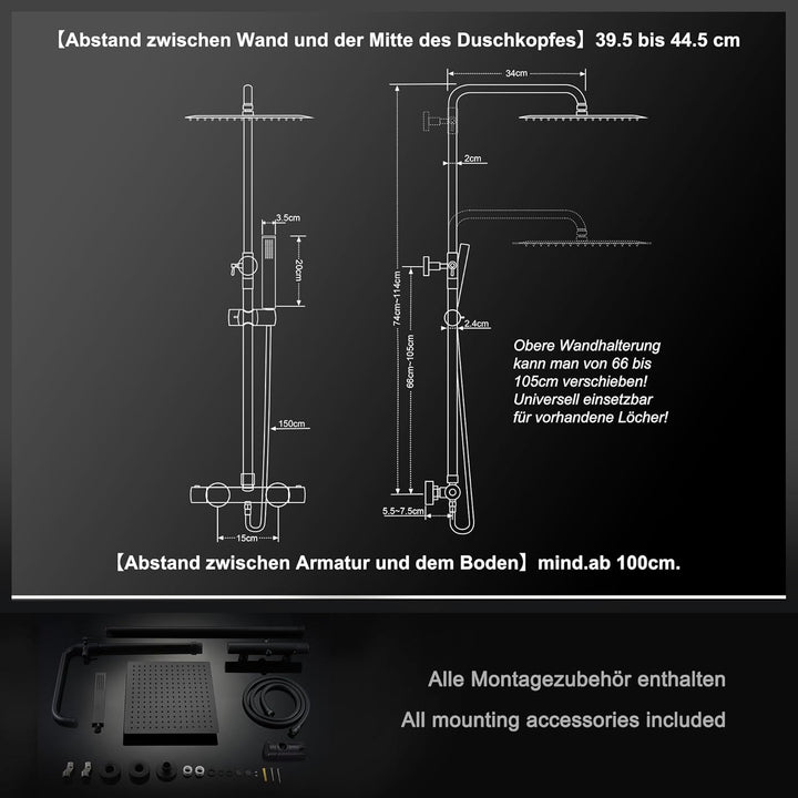 JOHO Thermostat Duschset aus Edelstahl Duschsystem mit Thermostatarmatur XL Kopfbrause Matt Schwarz