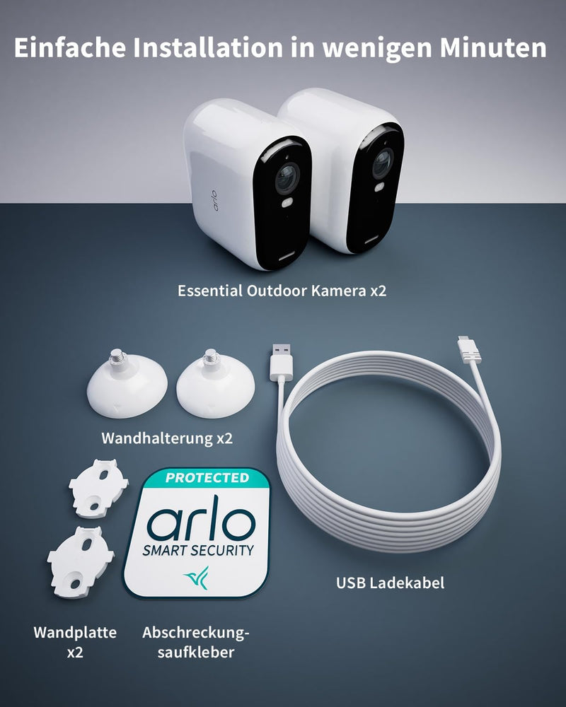 Arlo Essential 2 XL Batterie 2K Überwachungskamera Aussen WLAN, Kabellos, 2K HD Video, Farbnachtsich