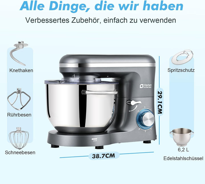 Kitchen in the box Küchenmaschine, 6,2 L Knetmaschine 1400 W, 6 Geschwindigkeits Teigmaschine mit Rü