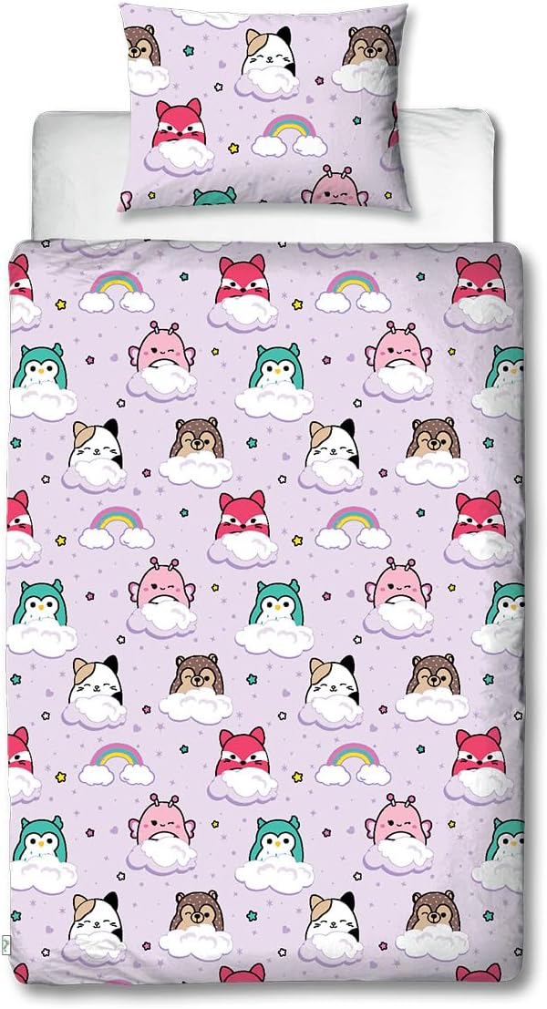 Character World Squishmallows Offizielles Lizenzprodukt, helles Design, Einzelbettwäsche-Set, wendba